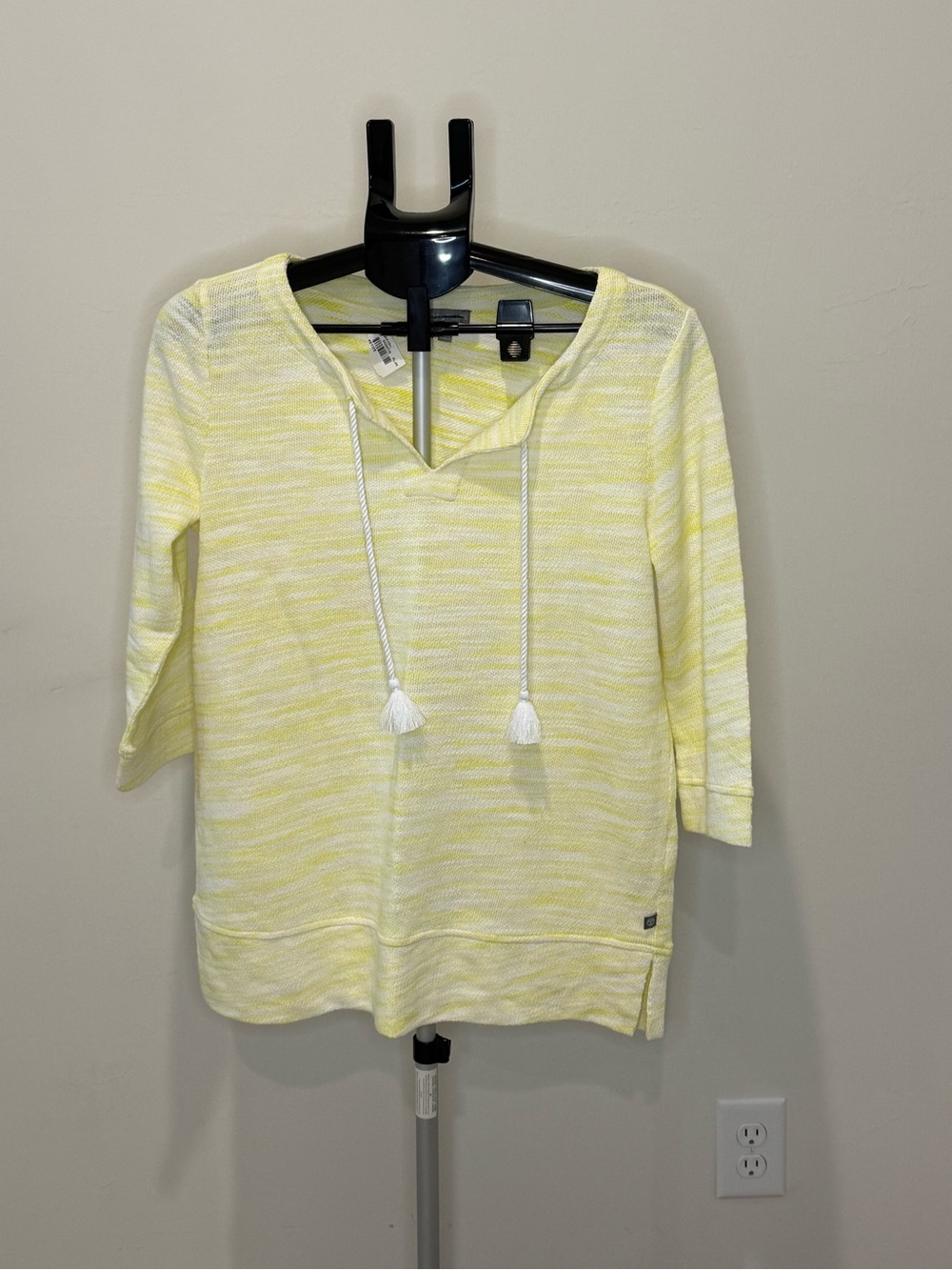 Talbots Soft Yellow V-Neck Hoodie with White Tassel Drawcords